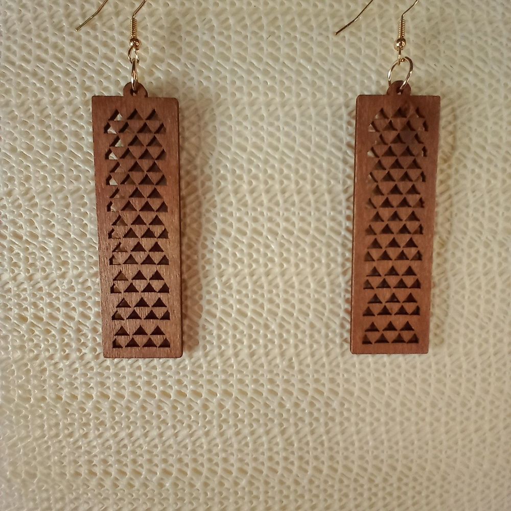 BOHO BROWN WOODEN Bohemian Rectangle Drop Laser Cut 3.5" Earrings